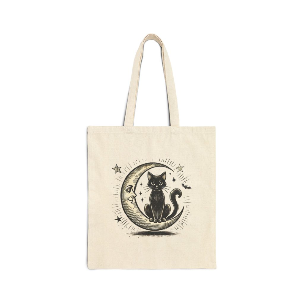 Halloween Black Cat & Moon Cotton Canvas Tote Bag