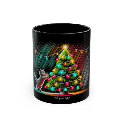 Christmas Cat 'Find Your Light' Black Mug – Festive Holiday Mug with Inspirational Message (11oz)-image