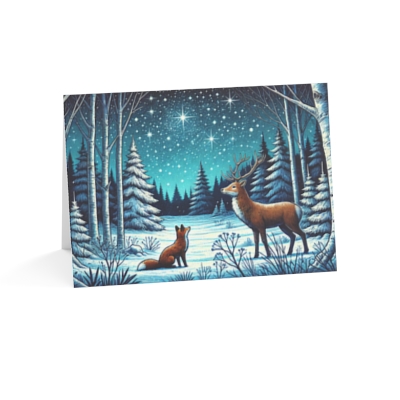 Starry Winter Forest Greeting Card – Enchanting Holiday Card with Deer and Fox Design (1, 10, 30, and 50pcs available)-image